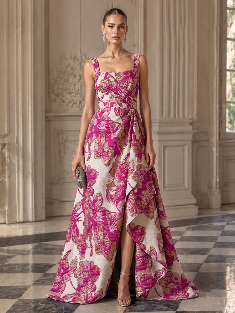 Jacquard A-Line Square Neck Long Evening Dresses with Front Slit