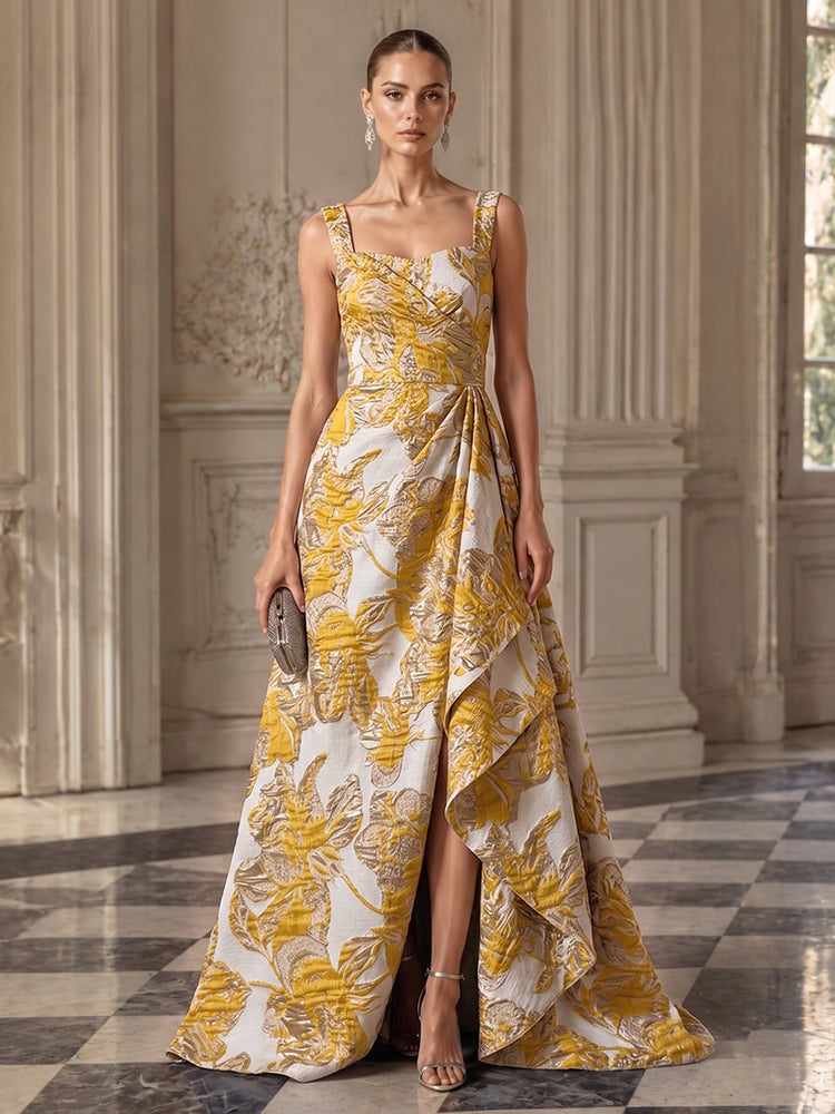 Jacquard A-Line Square Neck Long Evening Dresses with Front Slit