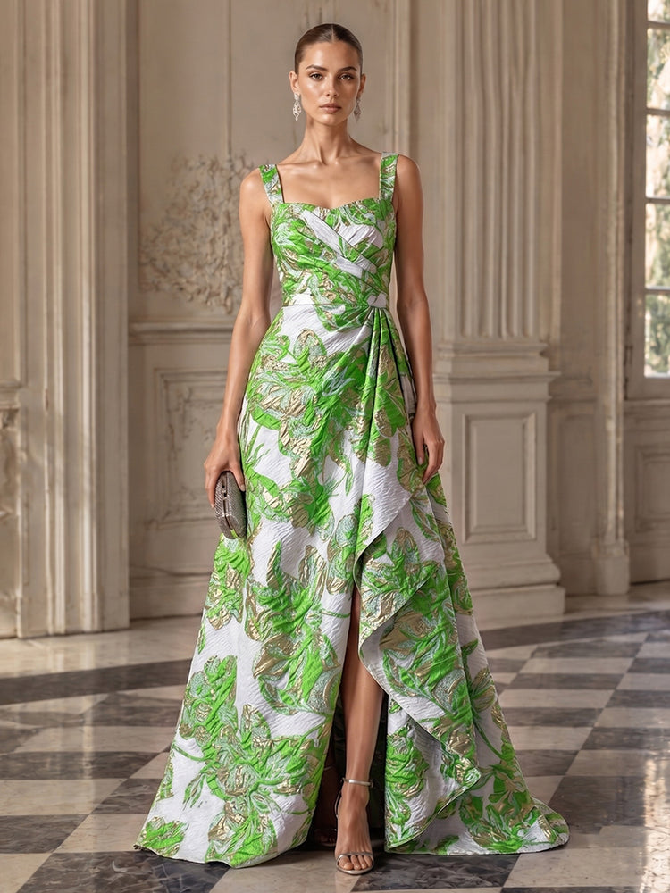 Jacquard A-Line Square Neck Long Evening Dresses with Front Slit