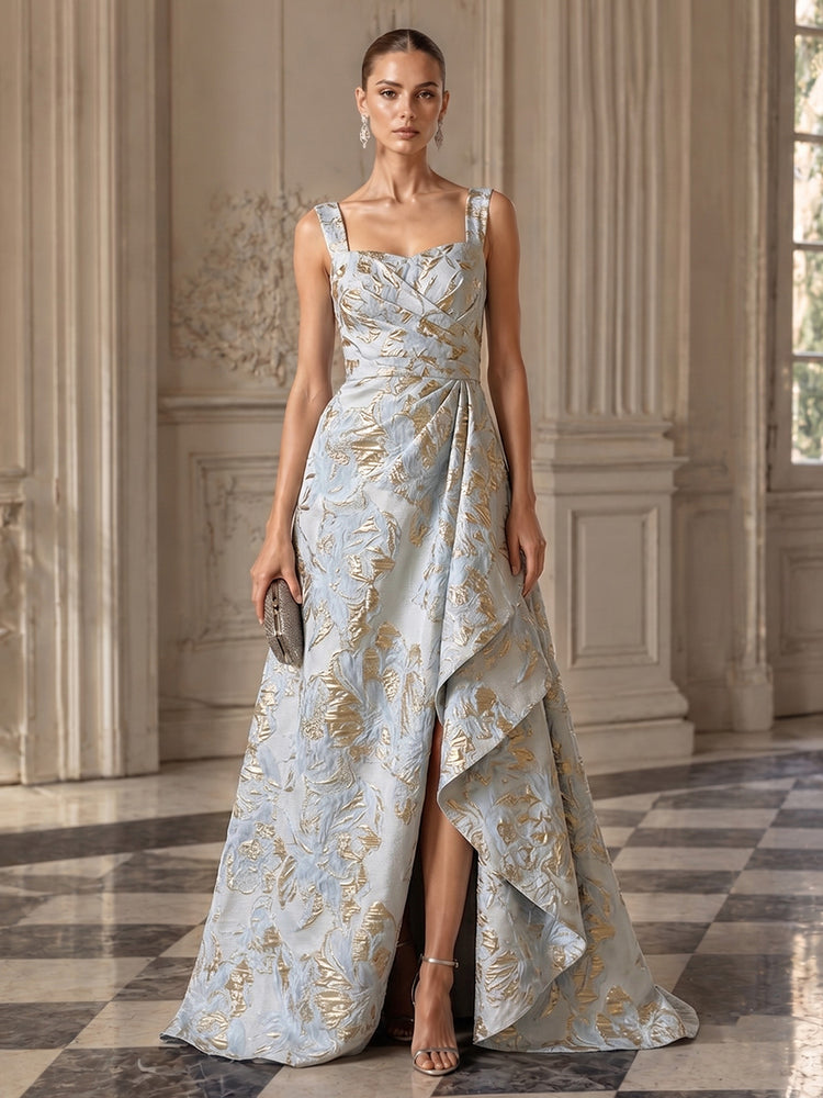 Jacquard A-Line Square Neck Long Evening Dresses with Front Slit