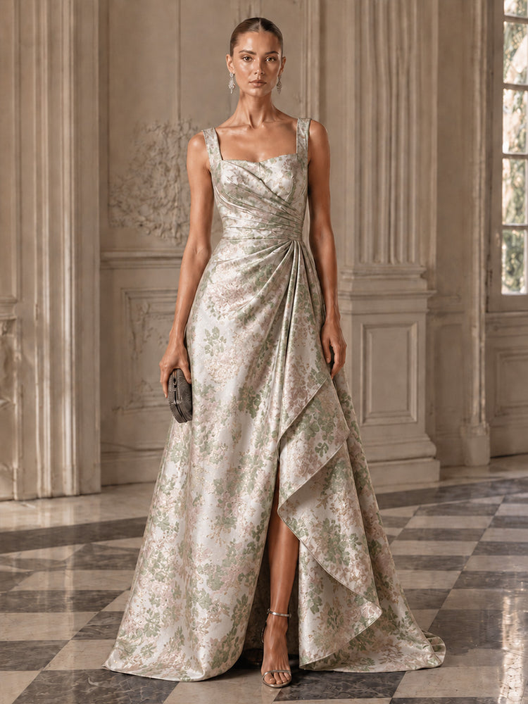 Jacquard A-Line Square Neck Long Evening Dresses with Front Slit