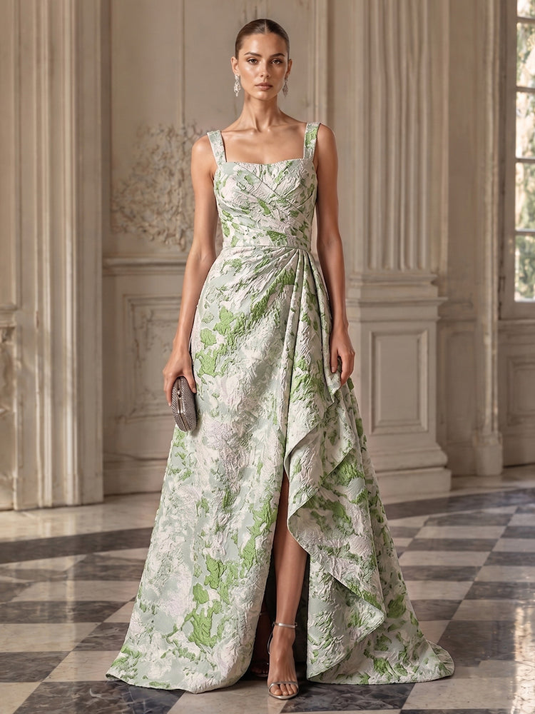 Jacquard A-Line Square Neck Long Evening Dresses with Front Slit