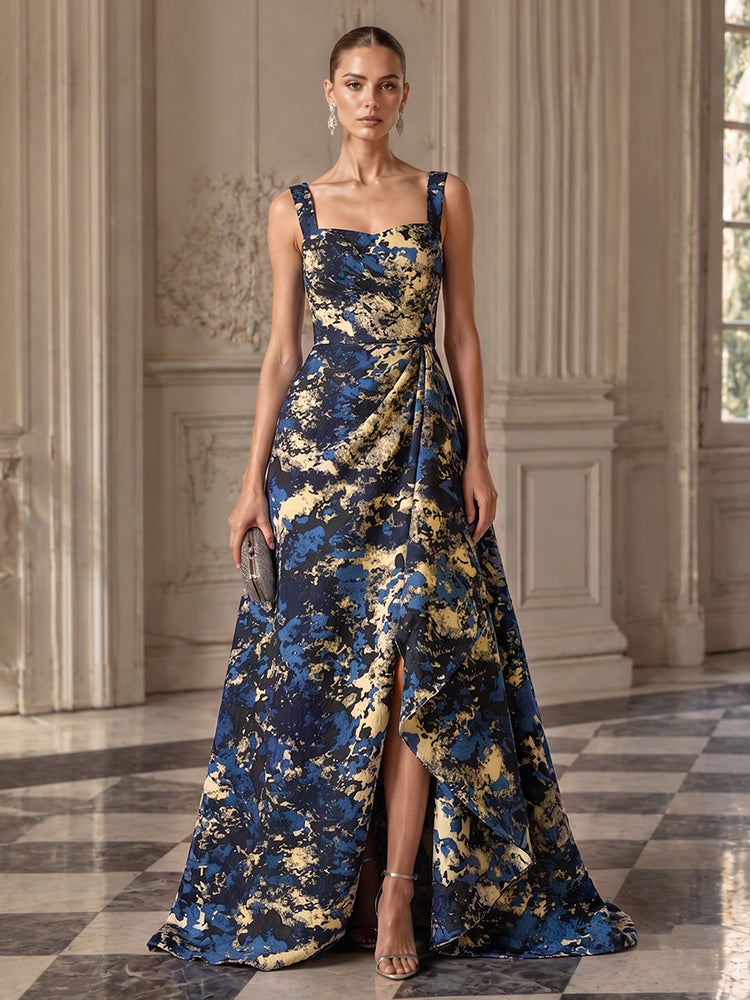 Jacquard A-Line Square Neck Long Evening Dresses with Front Slit