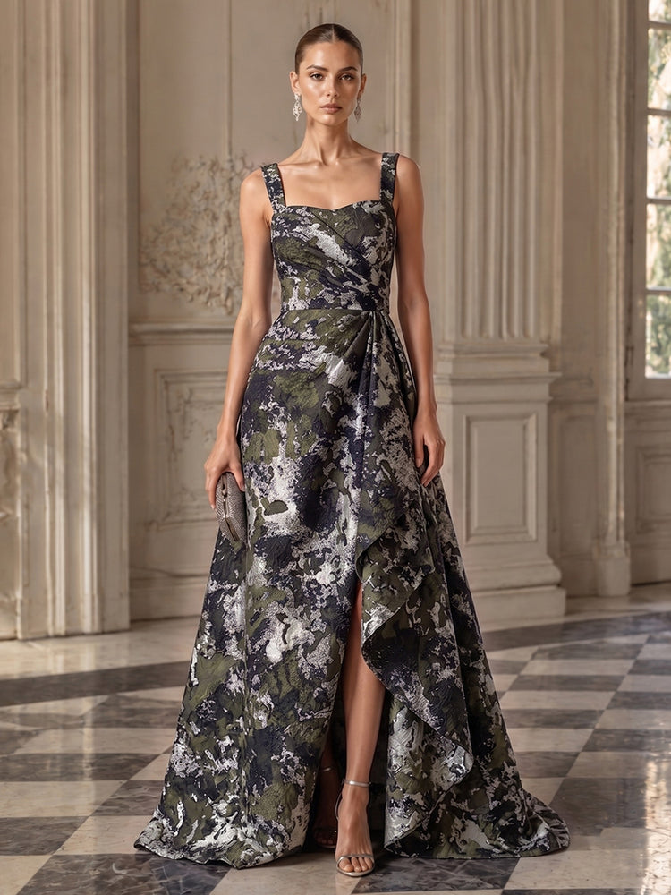 Jacquard A-Line Square Neck Long Evening Dresses with Front Slit