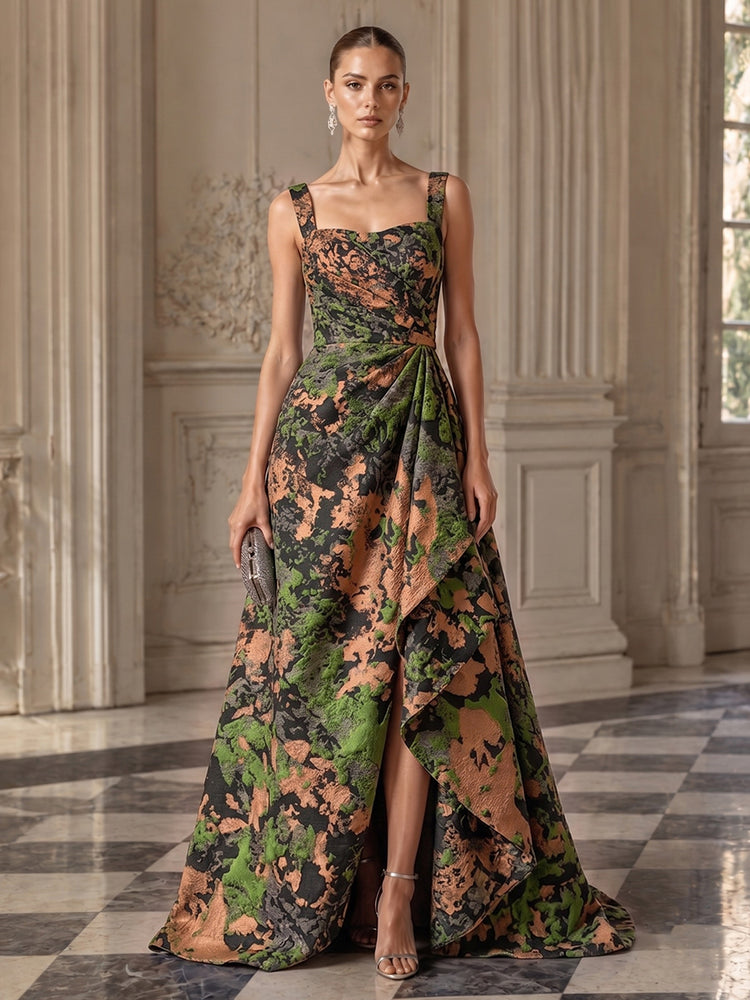 Jacquard A-Line Square Neck Long Evening Dresses with Front Slit