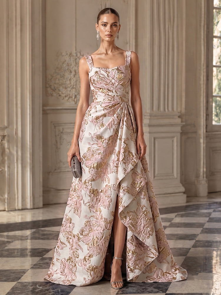 Jacquard A-Line Square Neck Long Evening Dresses with Front Slit