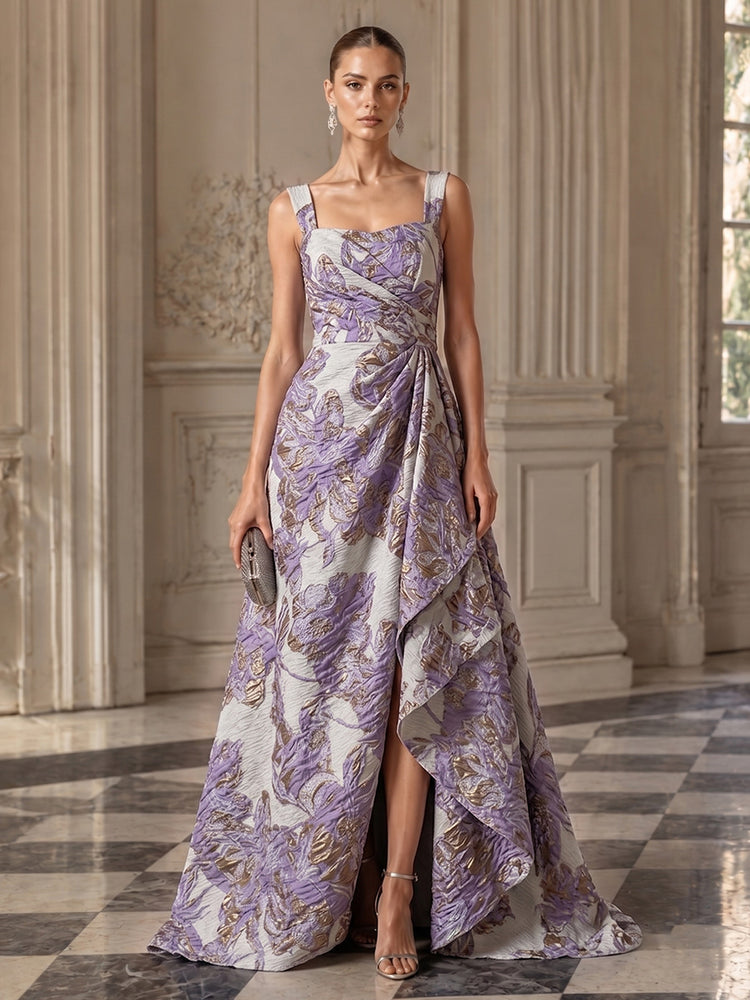 Jacquard A-Line Square Neck Long Evening Dresses with Front Slit