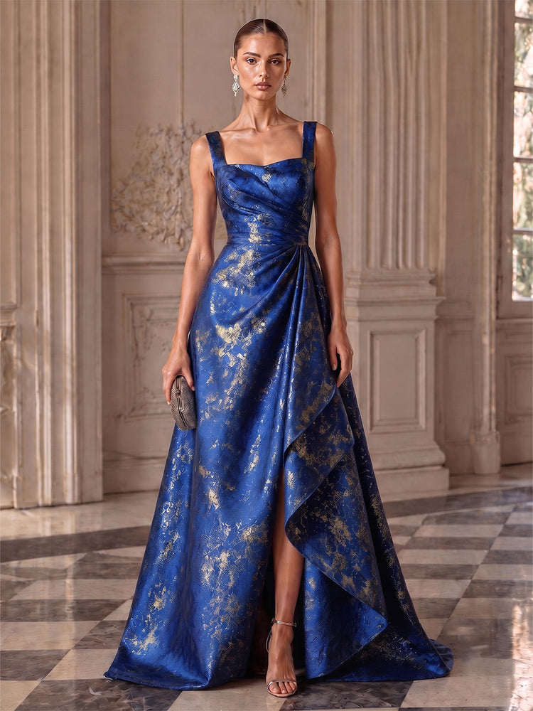 Jacquard A-Line Square Neck Long Evening Dresses with Front Slit
