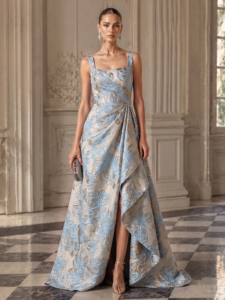 Jacquard A-Line Square Neck Long Evening Dresses with Front Slit