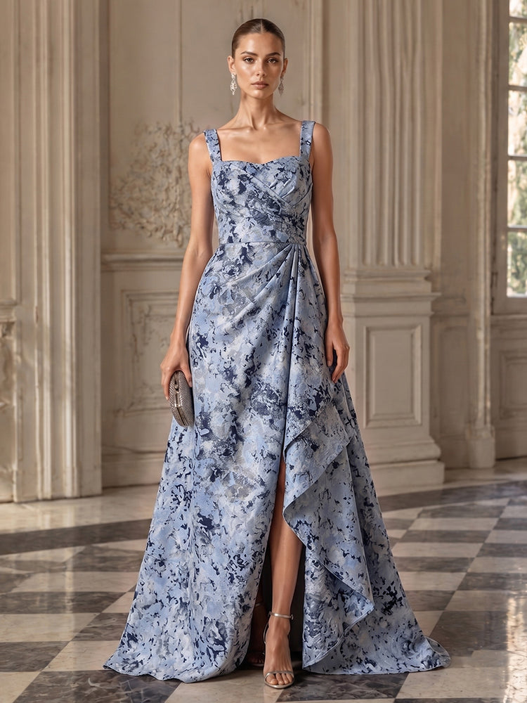 Jacquard A-Line Square Neck Long Evening Dresses with Front Slit