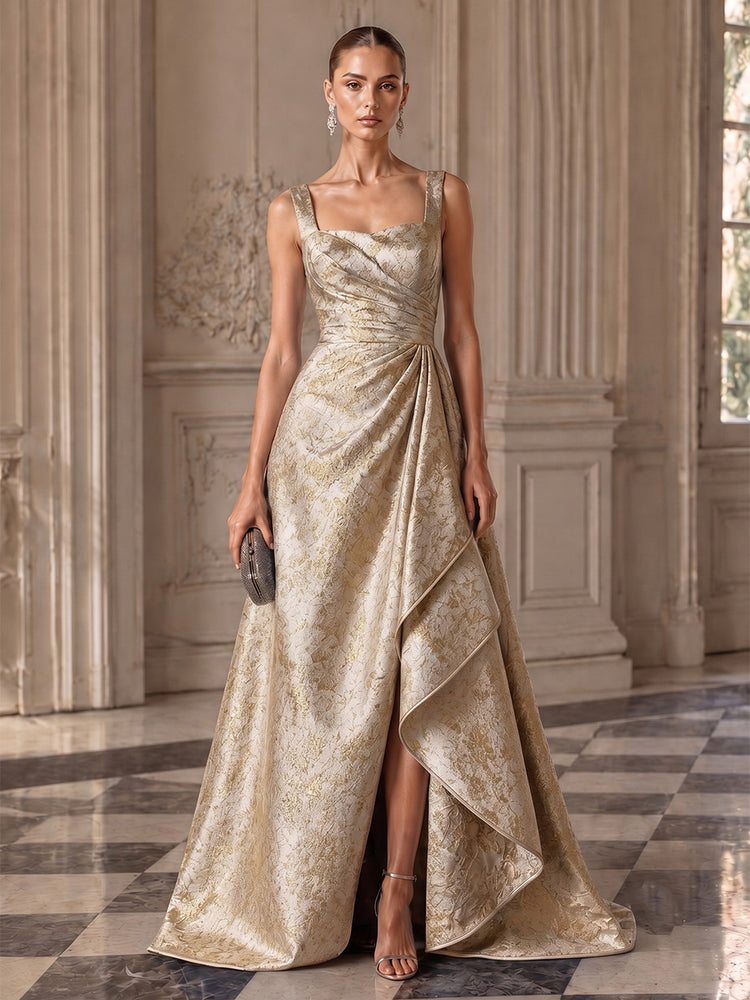 Jacquard A-Line Square Neck Long Evening Dresses with Front Slit
