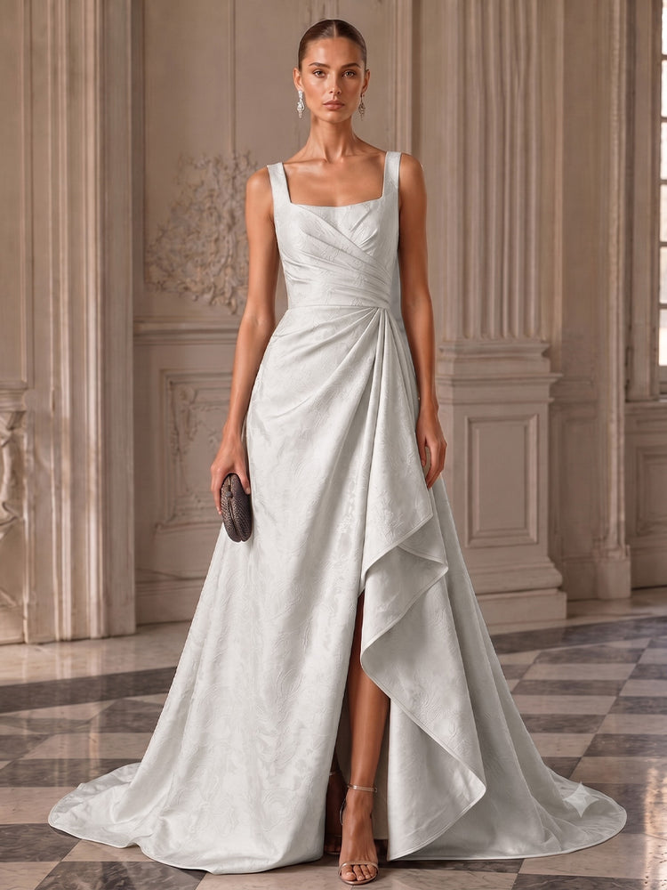 Jacquard A-Line Square Neck Long Evening Dresses with Front Slit