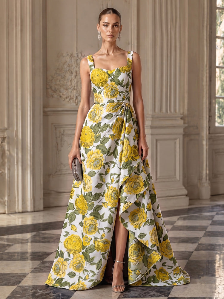 Jacquard A-Line Square Neck Long Evening Dresses with Front Slit