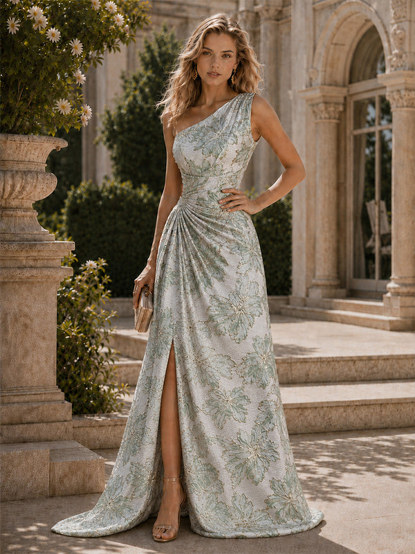 Jacquard A-Line One Shoulder Long Evening Dresses with Split Side