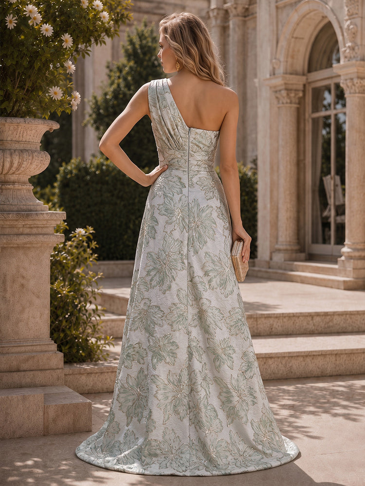 Jacquard A-Line One Shoulder Long Evening Dresses with Split Side