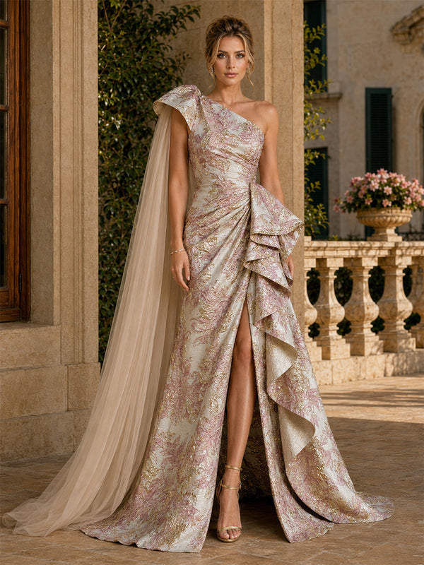 Jacquard A-Line One Shoulder Long Evening Dresses with Ruffles