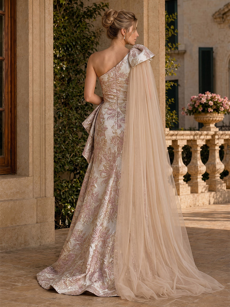 Jacquard A-Line One Shoulder Long Evening Dresses with Ruffles