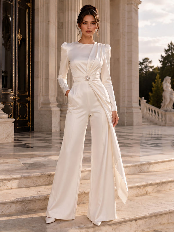 Satin Jumpsuit Scoop Neck Long Evening Dresses with Rhinestone