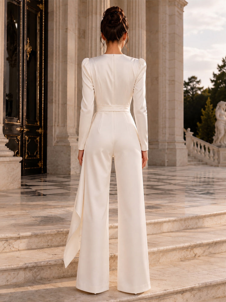 Satin Jumpsuit Scoop Neck Long Evening Dresses with Rhinestone