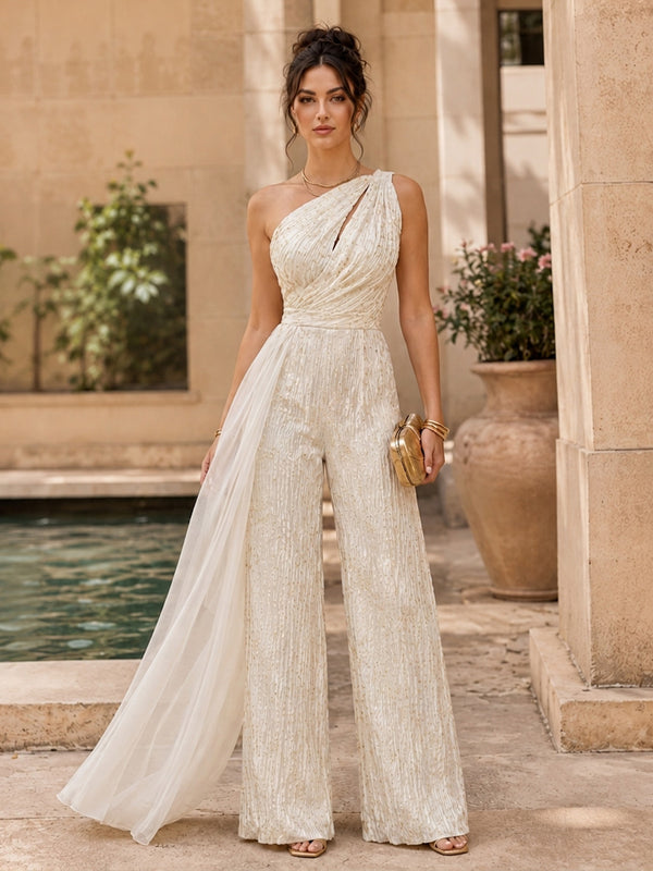 Jacquard Jumpsuit One Shoulder Long Evening Dresses with Sash