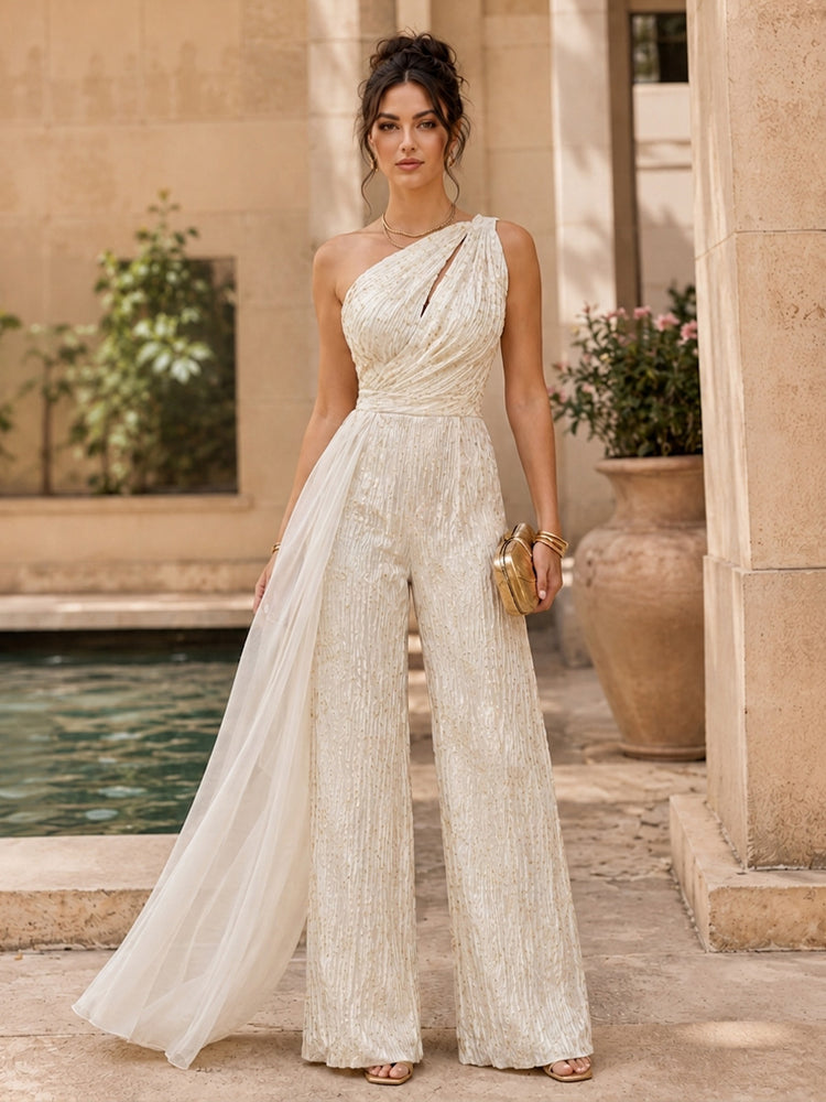 Jacquard Jumpsuit One Shoulder Long Evening Dresses with Sash