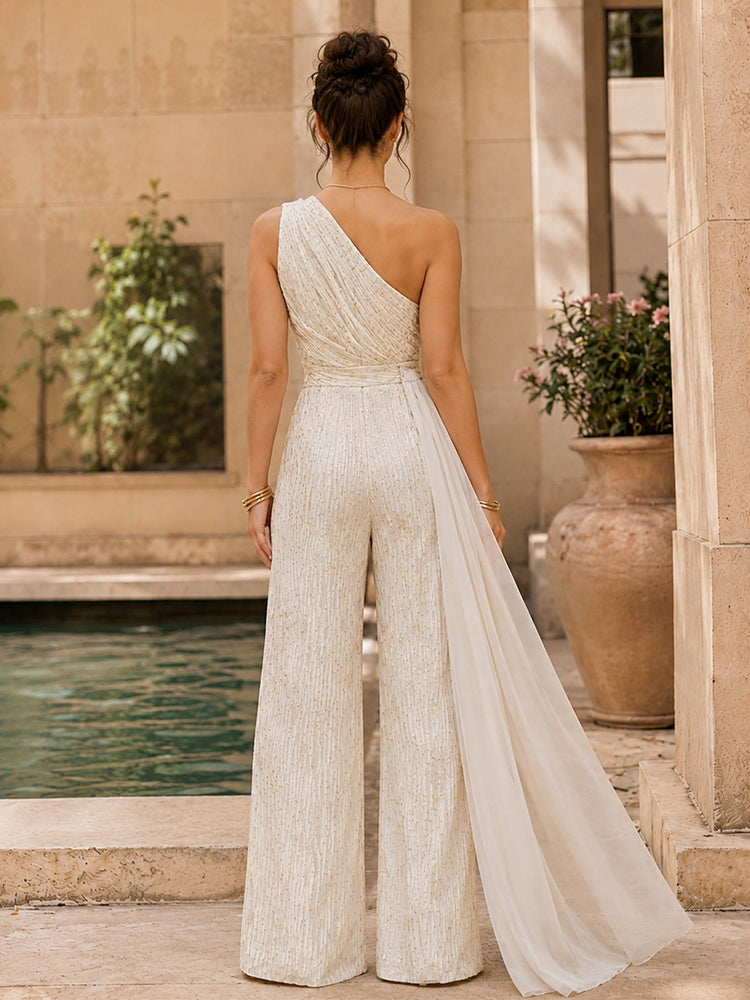 Jacquard Jumpsuit One Shoulder Long Evening Dresses with Sash