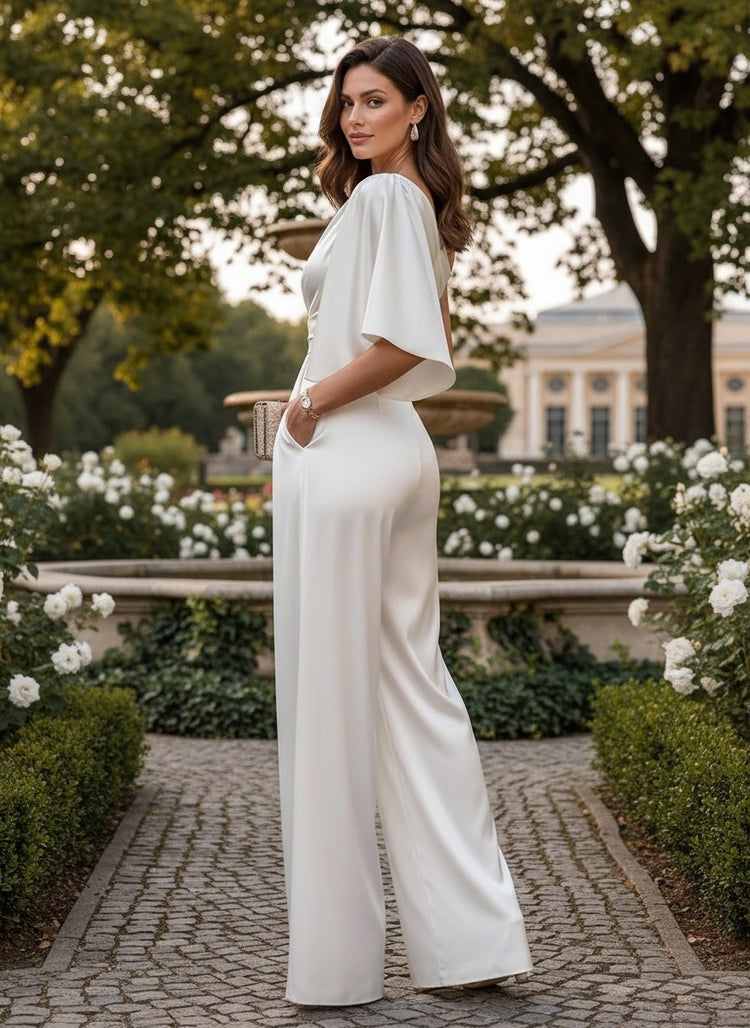 Satin Jumpsuit One Shoulder Long Evening Dresses with Pocket