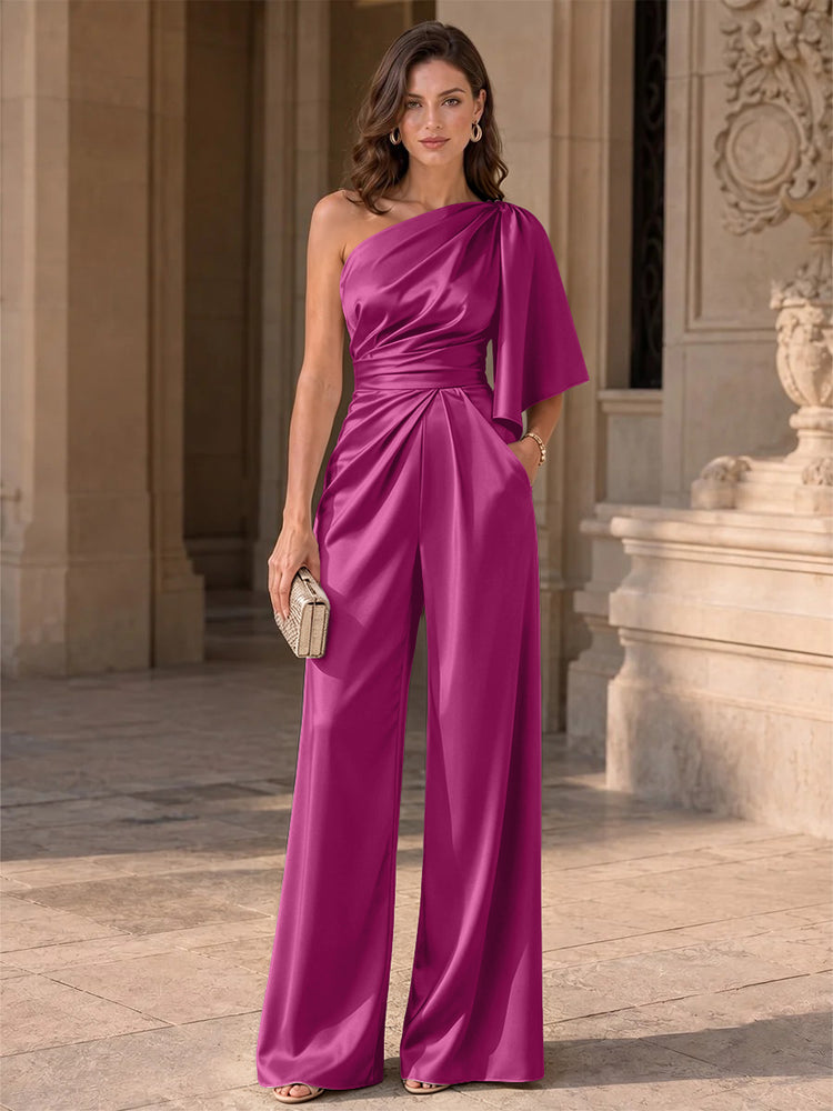 Satin Jumpsuit One Shoulder Long Evening Dresses with Pocket