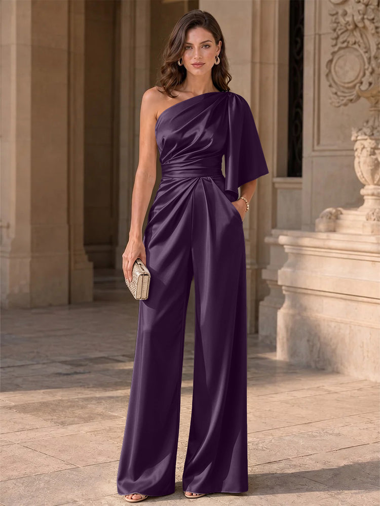 Satin Jumpsuit One Shoulder Long Evening Dresses with Pocket
