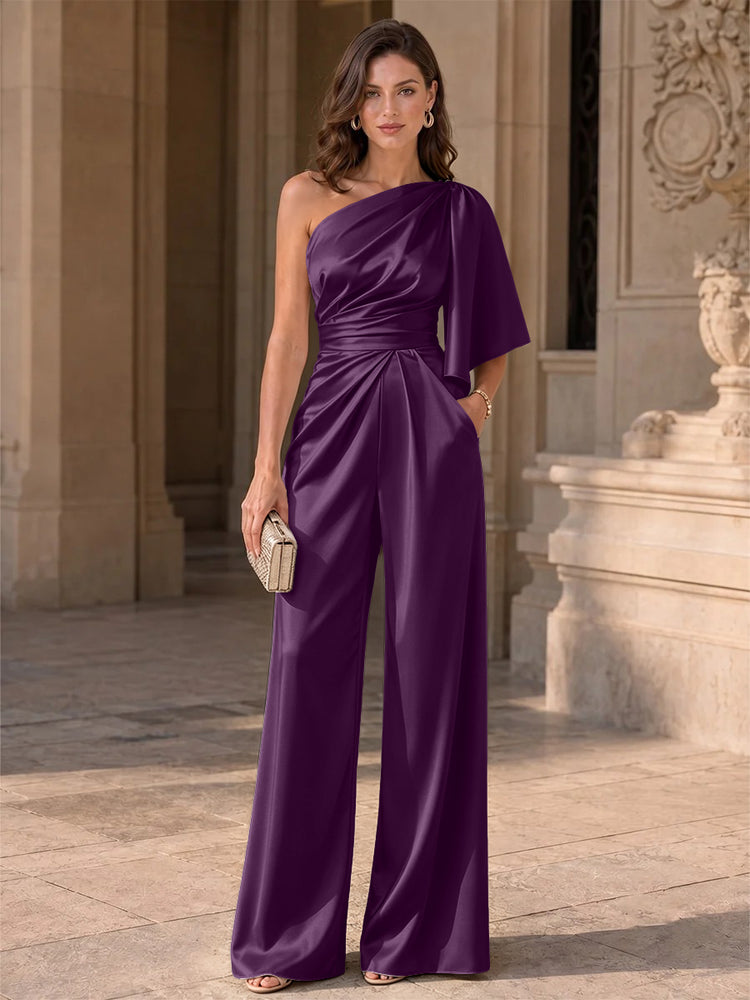 Satin Jumpsuit One Shoulder Long Evening Dresses with Pocket