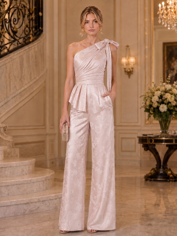 Jacquard Jumpsuit One Shoulder Long Evening Dresses with Ruffles
