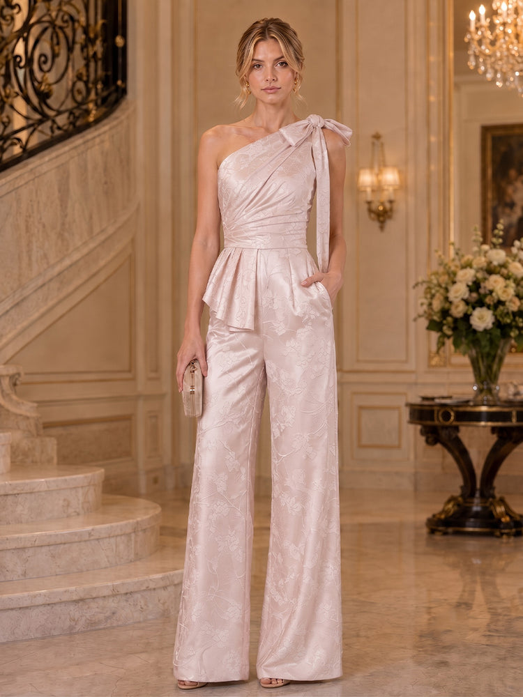 Jacquard Jumpsuit One Shoulder Long Evening Dresses with Ruffles