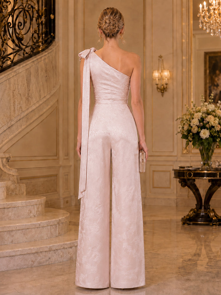 Jacquard Jumpsuit One Shoulder Long Evening Dresses with Ruffles