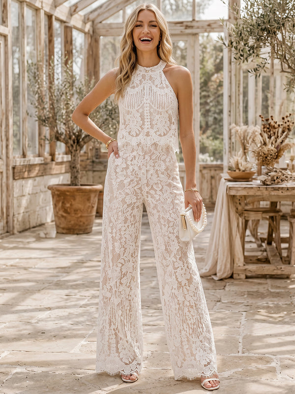 Lace Appliques Jumpsuit Halter Long Evening Dresses with Backless