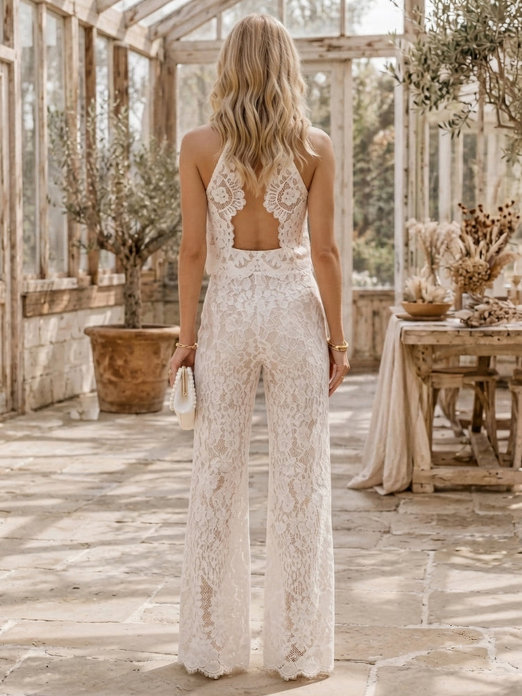 Lace Appliques Jumpsuit Halter Long Evening Dresses with Backless