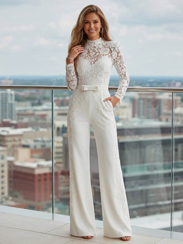 Satin Jumpsuit High Neck Long Evening Dresses with Lace Applique