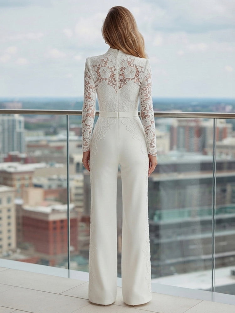 Satin Jumpsuit High Neck Long Evening Dresses with Lace Applique