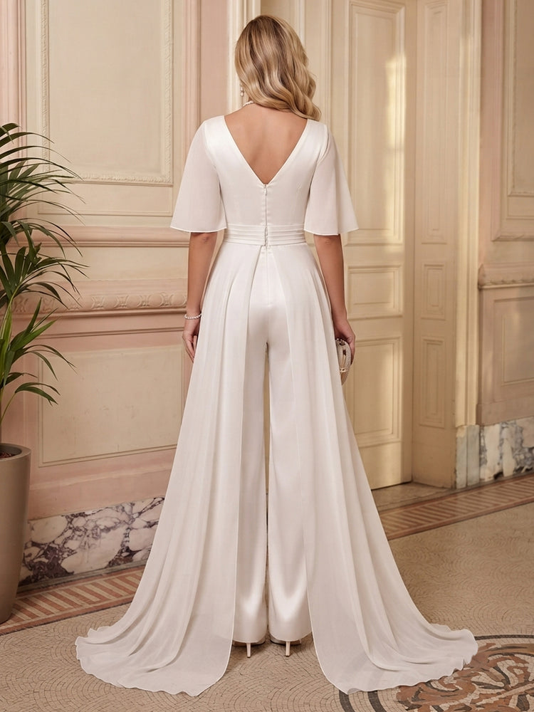 Chiffon Jumpsuit V Neck Long Evening Dresses with Sash