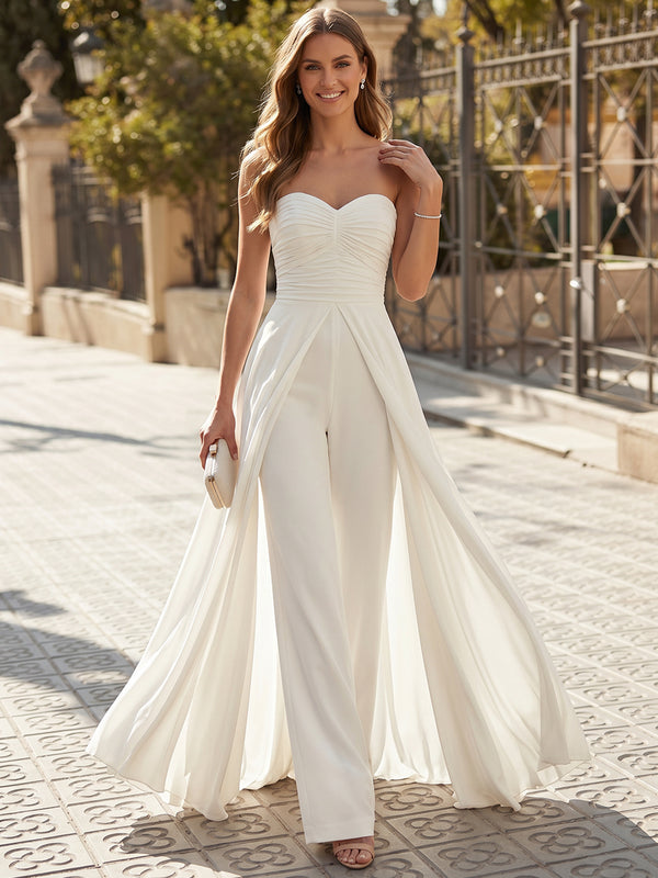 Chiffon Jumpsuit Sweetheart Long Evening Dresses with Sash