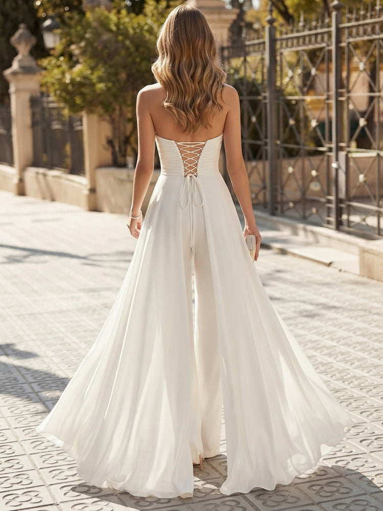 Chiffon Jumpsuit Sweetheart Long Evening Dresses with Sash