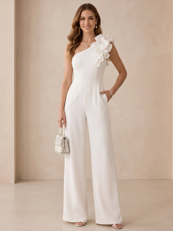 Satin Jumpsuit One Shoulder Long Evening Dresses with Ruffles