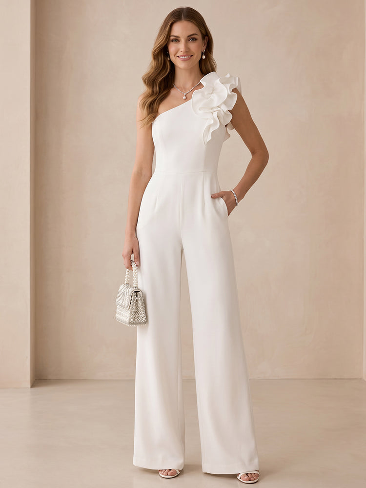 Satin Jumpsuit One Shoulder Long Evening Dresses with Ruffles