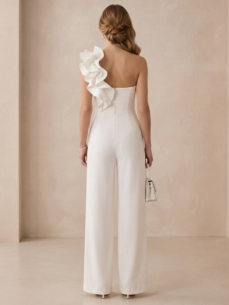 Satin Jumpsuit One Shoulder Long Evening Dresses with Ruffles