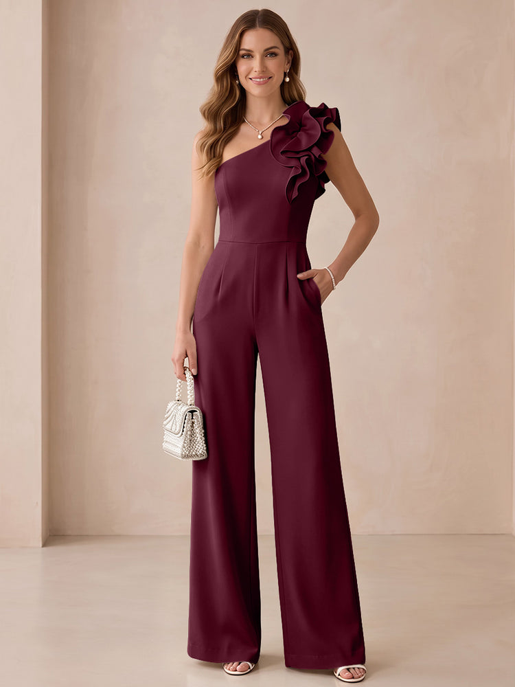 Satin Jumpsuit One Shoulder Long Evening Dresses with Ruffles