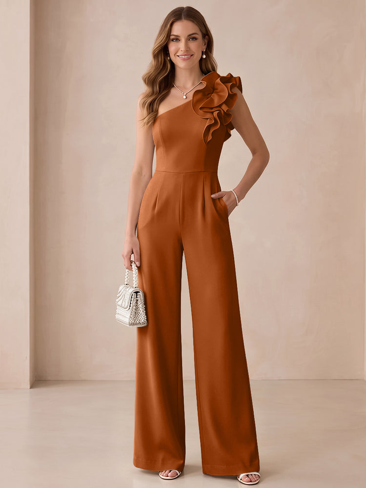 Satin Jumpsuit One Shoulder Long Evening Dresses with Ruffles