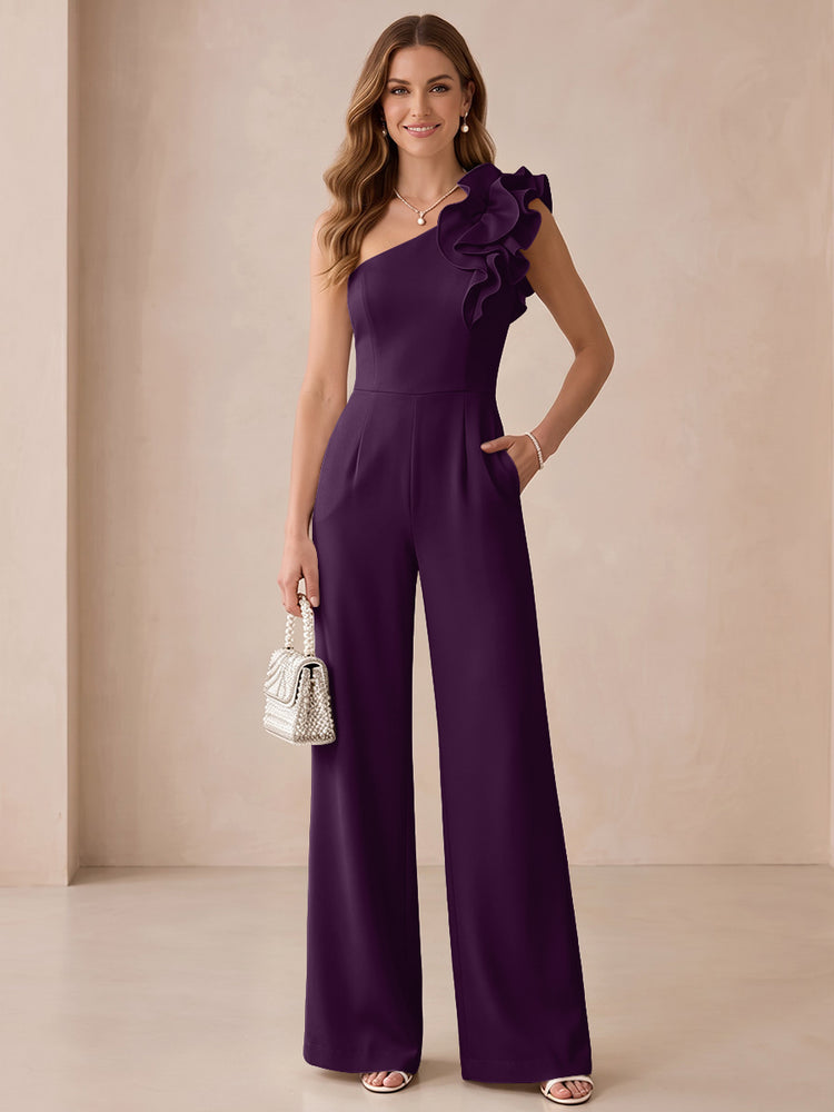 Satin Jumpsuit One Shoulder Long Evening Dresses with Ruffles