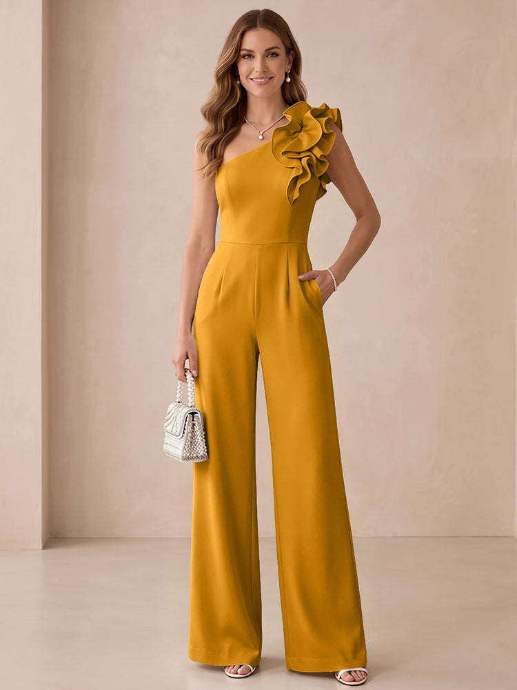 Satin Jumpsuit One Shoulder Long Evening Dresses with Ruffles