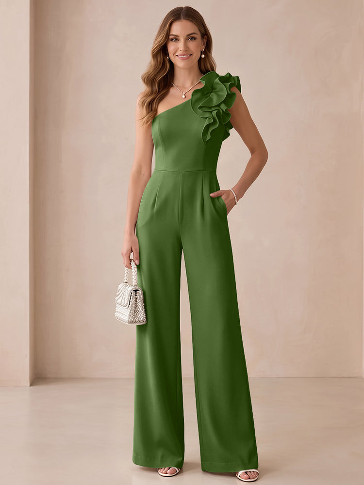 Satin Jumpsuit One Shoulder Long Evening Dresses with Ruffles