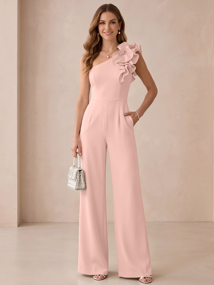 Satin Jumpsuit One Shoulder Long Evening Dresses with Ruffles