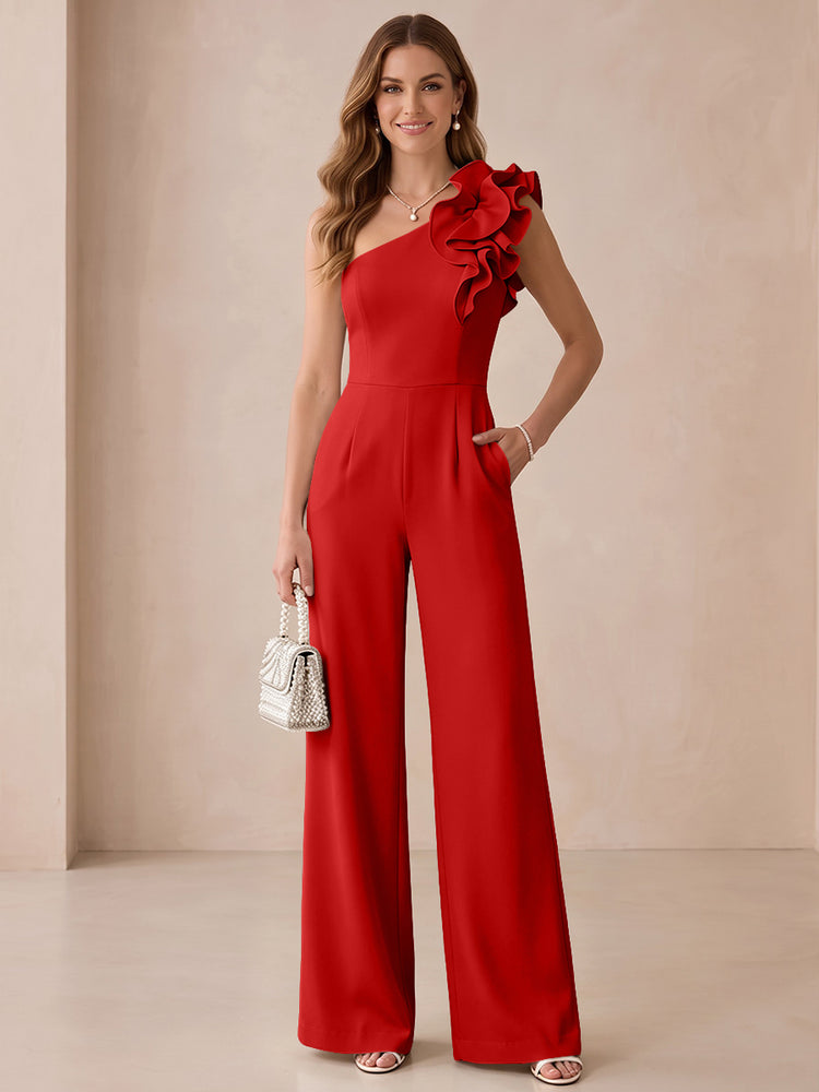 Satin Jumpsuit One Shoulder Long Evening Dresses with Ruffles